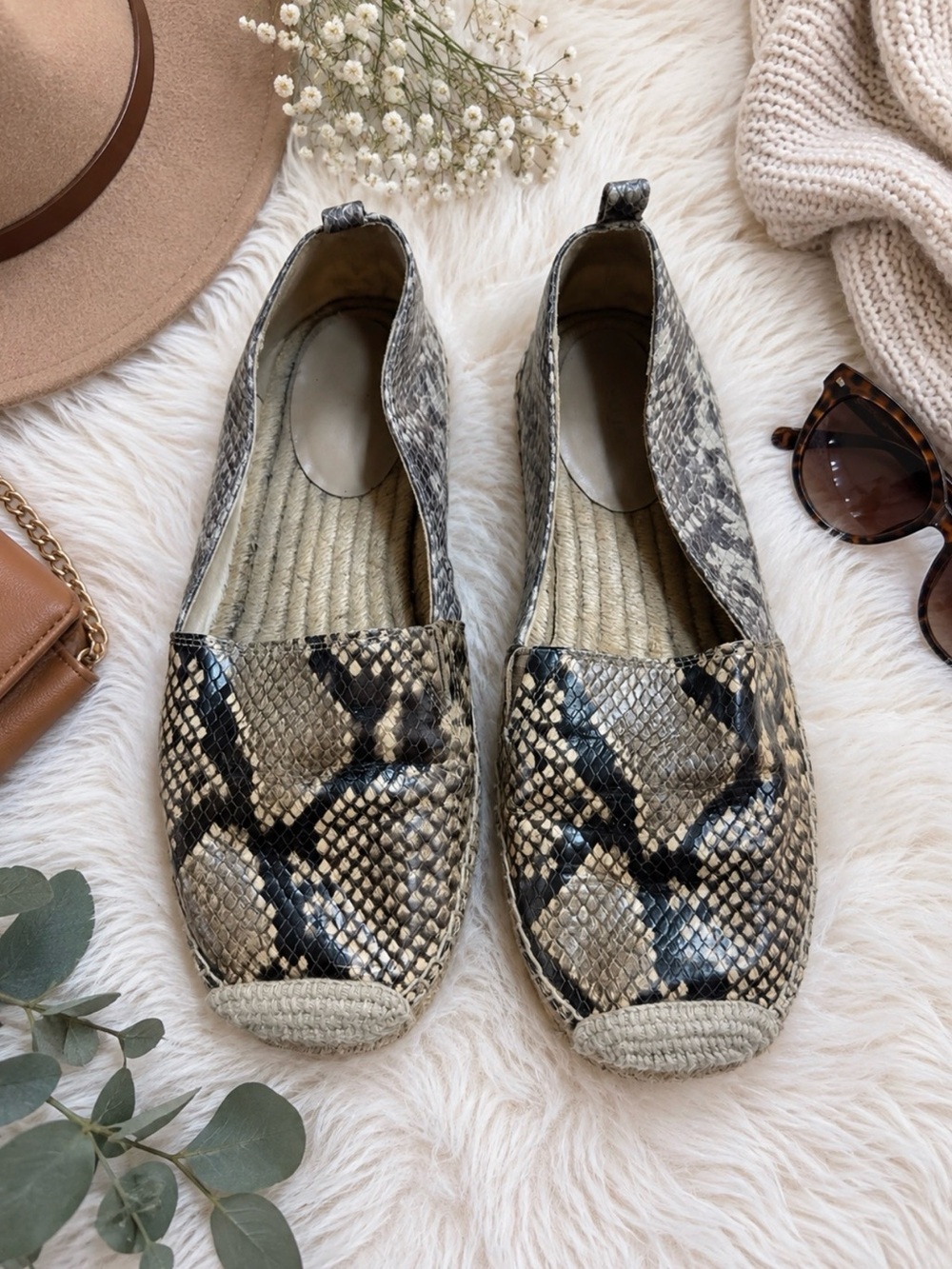 Snake Print Espadrille Flats - Neutral Python Pattern